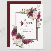 Elegante Burgundy Floral - Hochzeitsempfangsmenü Menükarte (Vorne/Hinten)