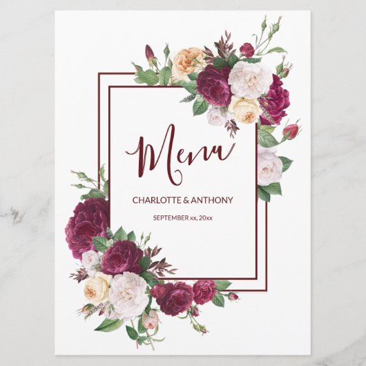 Elegante Burgundy Floral - Hochzeitsempfangsmenü Menükarte (Vorderseite)