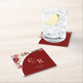 Elegante Burgundy Floral Monogram Wedding Party Rechteckiger Pappuntersetzer (Vor Ort)