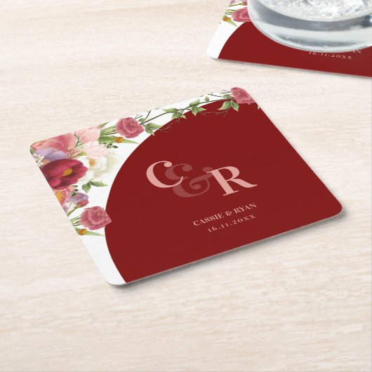 Elegante Burgundy Floral Monogram Wedding Party Rechteckiger Pappuntersetzer (angewinkelt)