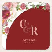 Elegante Burgundy Floral Monogram Wedding Party Rechteckiger Pappuntersetzer (Vorderseite)