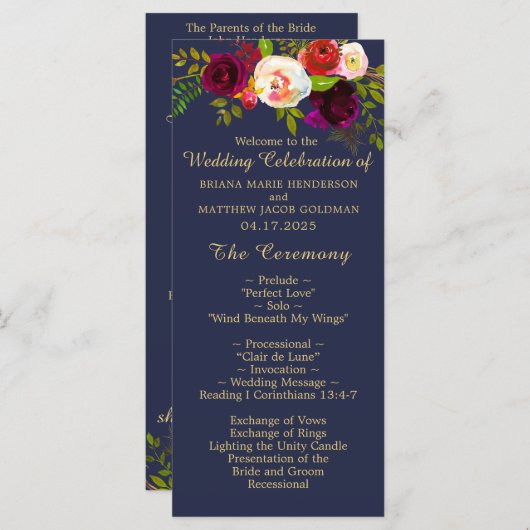 Elegante Burgundy Floral Navy Blue Gold Hochzeit Programm (Vorne/Hinten)