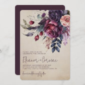 Elegante Burgundy Floral Watercolor Wedding Einladung (Vorne/Hinten)