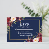 Elegante Burgundy Floral Wedding Blue Gold UAWG RSVP Karte (Stehend Vorderseite)