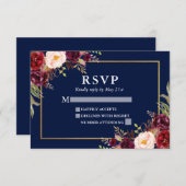 Elegante Burgundy Floral Wedding Blue Gold UAWG RSVP Karte (Vorne/Hinten)