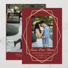 Elegante Burgundy Geometric Gold Frame Wedding Save The Date