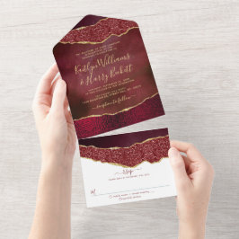 Elegante Burgundy & Gold Agate Wedding All In One Einladung