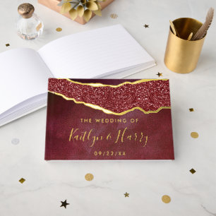 Elegante Burgundy & Gold Agate Wedding Gästebuch