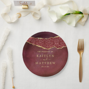 Elegante Burgundy & Gold Agate Wedding Pappteller