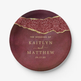 Elegante Burgundy & Gold Agate Wedding Pappteller