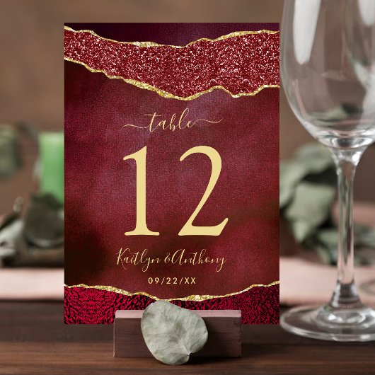 Elegante Burgundy & Gold Agate Wedding Table Card Einladung