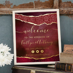 Elegante Burgundy & Gold Agate Wedding Willkommen Foliendrucke