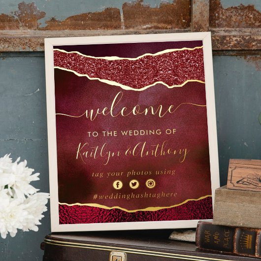 Elegante Burgundy & Gold Agate Wedding Willkommen Foliendrucke