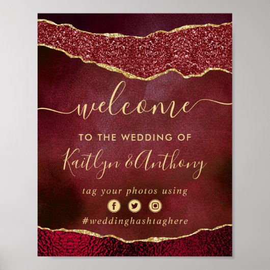 Elegante Burgundy & Gold Agate Wedding Willkommen Poster (Vorne)