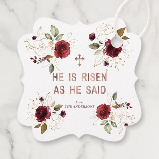Elegante Burgundy Gold Blume Er ist zu Ostern Rise Geschenkanhänger (Rückseite)