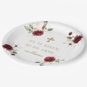 Elegante Burgundy Gold Blume Er ist zu Ostern Rise Pappteller (Schrägansicht)