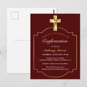 Elegante Burgundy Gold Boys Bestätigung Einladung Postkarte