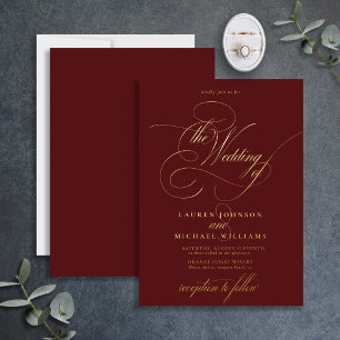 Elegante Burgundy Gold Calligraphy Wedding Folieneinladung