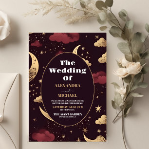Elegante Burgundy Gold Celestial Wedding Einladung