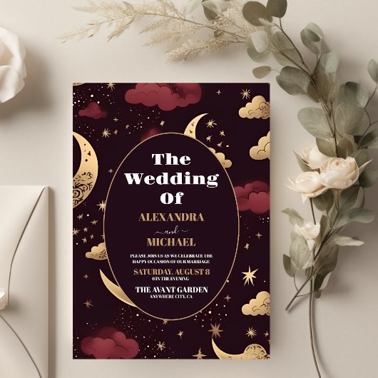 Elegante Burgundy Gold Celestial Wedding Einladung