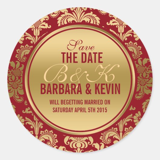 Elegante Burgundy & Gold Floral Damasks 2 Runder Aufkleber (Vorderseite)