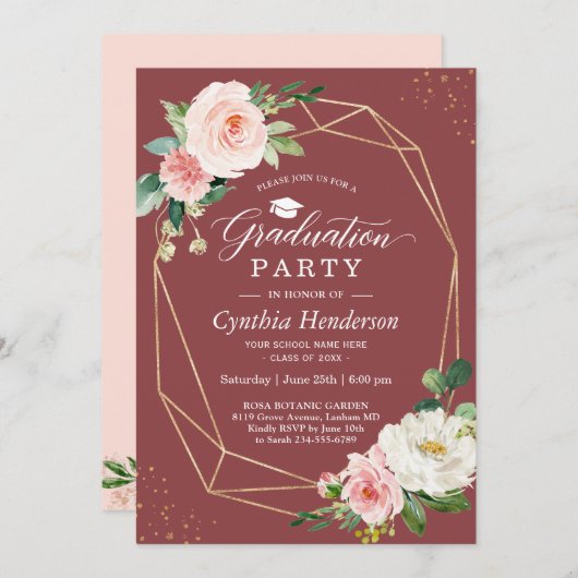Elegante Burgundy Gold Floral Graduation Party Einladung (Vorne/Hinten)