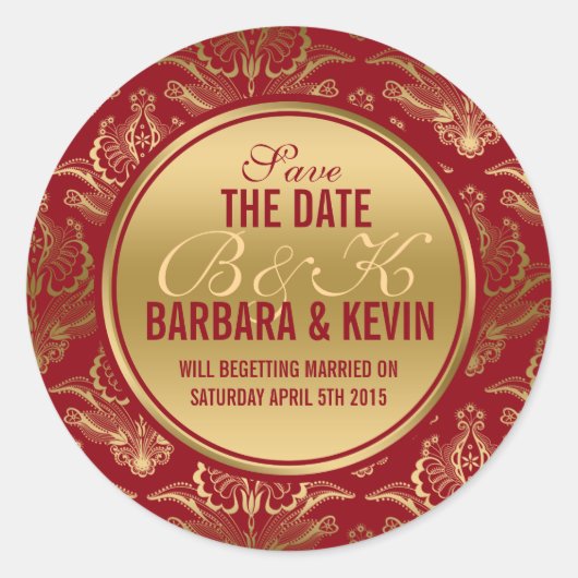 Elegante Burgundy & Gold Floral Lace Damasks Runder Aufkleber (Vorderseite)