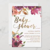 Elegante Burgundy Gold Floral Script Baby Shower Einladung (Vorderseite)