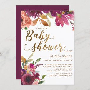 Elegante Burgundy Gold Floral Script Baby Shower Einladung