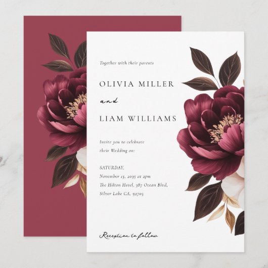 Elegante Burgundy Gold Floral Wedding Einladung (Vorne/Hinten)