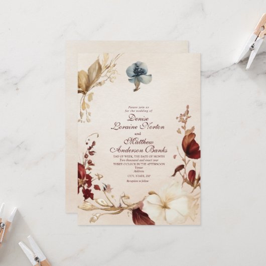 Elegante Burgundy Gold Floral Wedding Einladung (Vorderseite/Rückseite Beispiel)