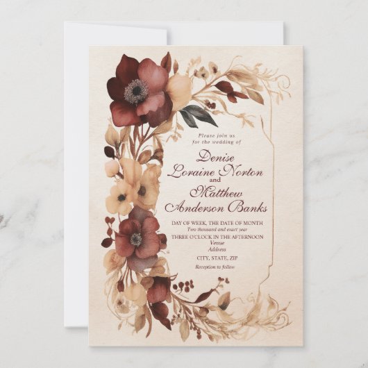 Elegante Burgundy Gold Floral Wedding Einladung (Vorderseite)