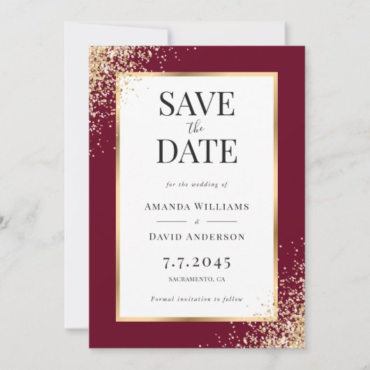 Elegante Burgundy Gold Frame Confetti Wedding Save The Date (Vorderseite)