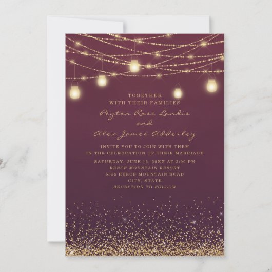Elegante Burgundy Gold Glitzer String Light Weddin Einladung (Vorderseite)