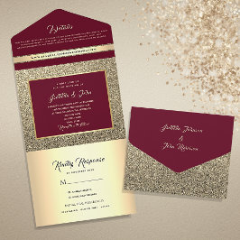 Elegante Burgundy Gold Glitzer Wedding All In One Einladung