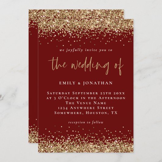 Elegante Burgundy Gold Glitzer Wedding Einladung (Vorne/Hinten)