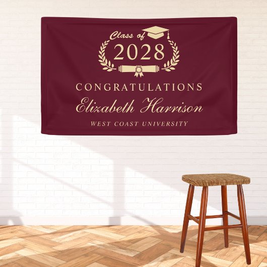 Elegante Burgundy Gold Graduation Party Willkommen Banner