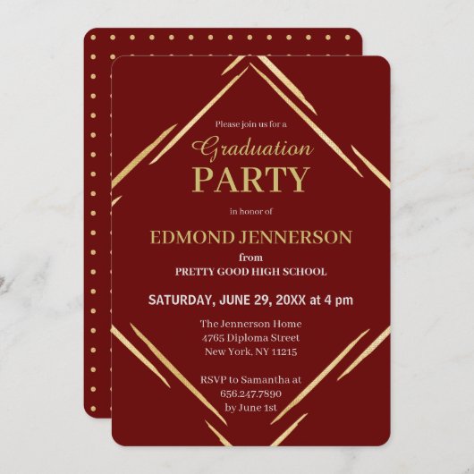 Elegante Burgundy Gold High School Graduation Part Einladung (Vorne/Hinten)