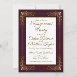 Elegante Burgundy Gold Lace Frame Engagement Party Einladung