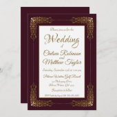 Elegante Burgundy Gold Lace Frame Wedding Einladung (Vorne/Hinten)