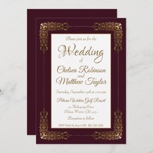 Elegante Burgundy Gold Lace Frame Wedding Einladung (Vorne/Hinten)