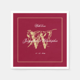 Elegante Burgundy Gold Monogram Names Chic Wedding Serviette