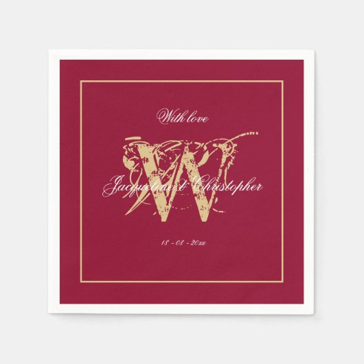 Elegante Burgundy Gold Monogram Names Chic Wedding Serviette (Vorderseite)