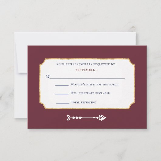 Elegante Burgundy Gold Music Mix Request Wedding RSVP Karte (Vorderseite)