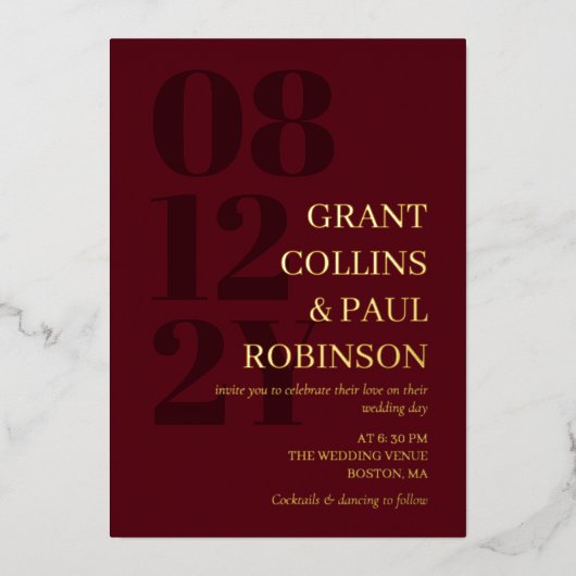 Elegante Burgundy & Gold Typografie Folieneinladung (Vorderseite)