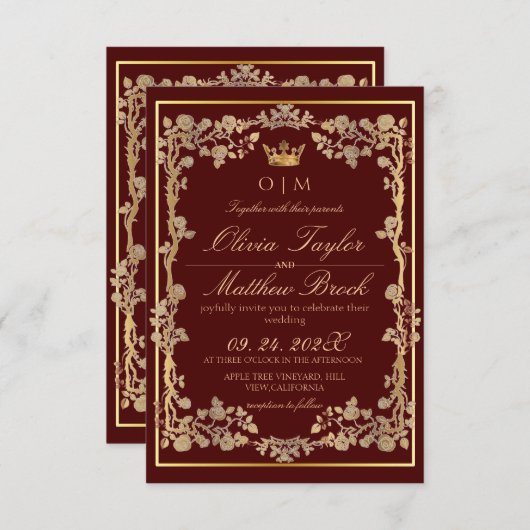 Elegante Burgundy & Gold Verzierte Frame Wedding Einladung (Vorne/Hinten)