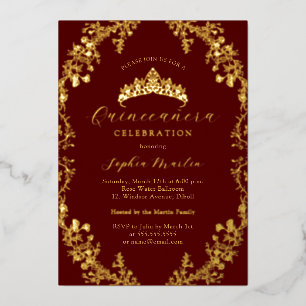 Elegante Burgundy Gold Vintag Quinceanera Folieneinladung