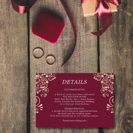 Elegante Burgundy Gold Wedding Details Begleitkarte