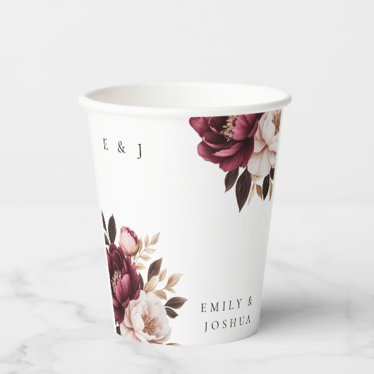 Elegante Burgundy Gold Wedding Pappbecher (Vorderseite)