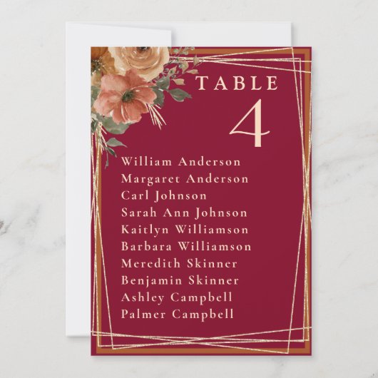 Elegante Burgundy Gold Wedding Table Card Einladung (Rückseite)